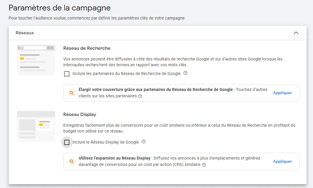 paramètres de campagne google ads