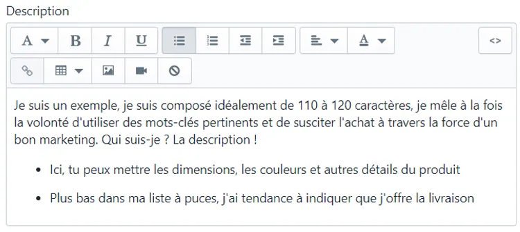 Description d’un produit dans Shopify