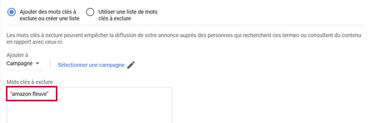 les mots-clés à exclure de la campagne google ads