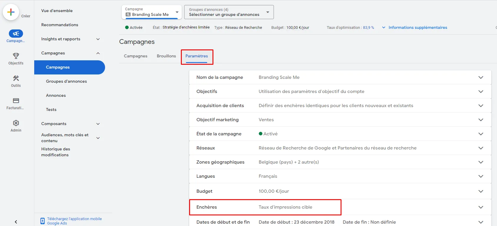 menu enchere google ads